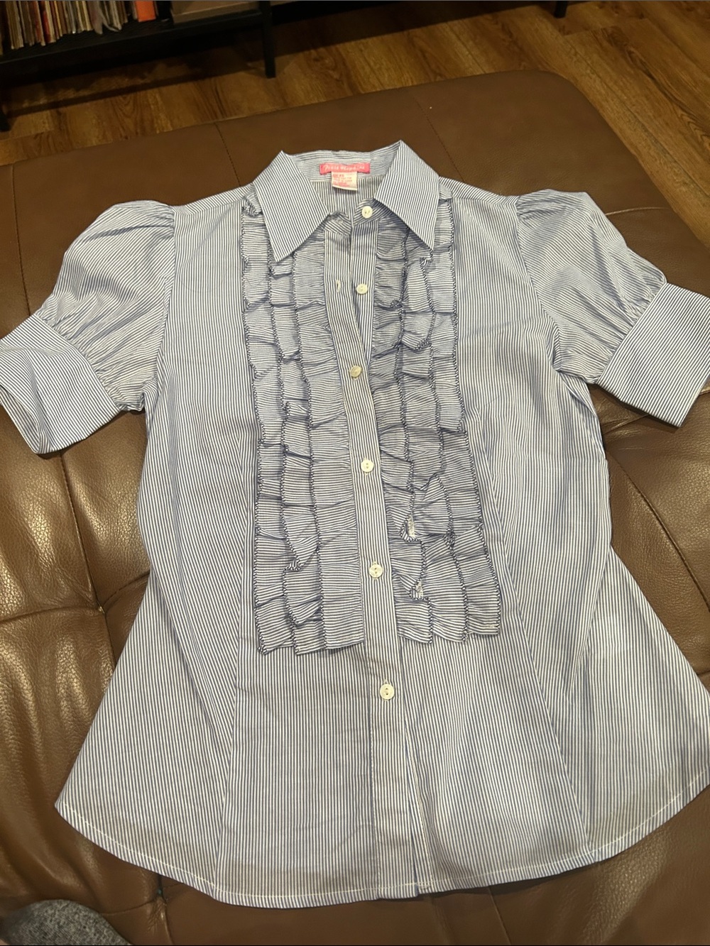 Blue & White Pinstripe Ruffle Front Button-Down Shirt